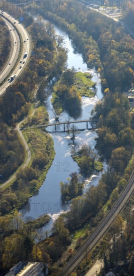 Aerial view, renaturation of the Ruhr at the Schützenbrücke in the district Neheim in Arnsberg,