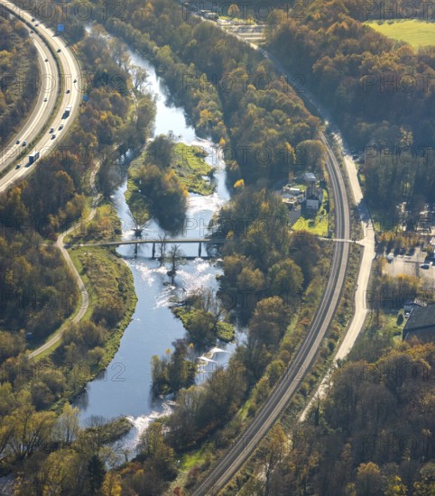 Aerial view, renaturation of the Ruhr at the Schützenbrücke in the district Neheim in Arnsberg,