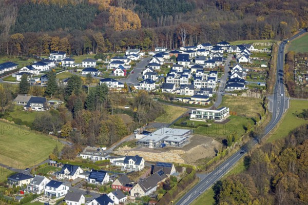 Aerial view, new housing estate Zum Dollberg on the L732 road in the district of Neheim in