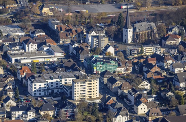 Aerial view, construction site at Heinrich-Lübke-Straße and St.Petri-Kirche in the district Hüsten