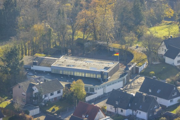 Aerial view, community hall in the district Herdringen in Arnsberg, Sauerland, North