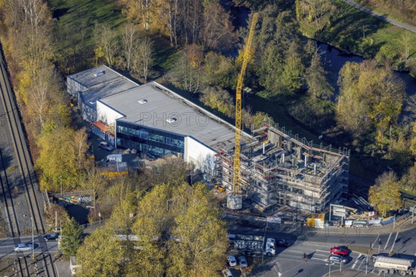 Aerial view, construction site with extension Eglo Leuchten Handels GmbH in the district Neheim in