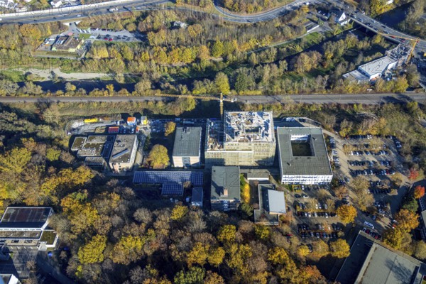 Aerial view, construction site and new building at the Berufskolleg Berliner Platz in the district