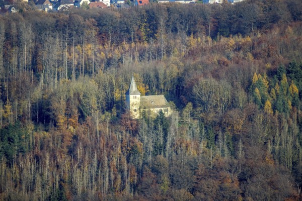 Aerial view, chapel on the Fürstenberg in the forest area in the district Höingen in Ense,