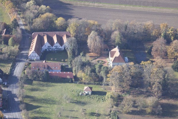 Aerial view, moated castle Haus Echthausen at the city limits of Arnsberg in the district