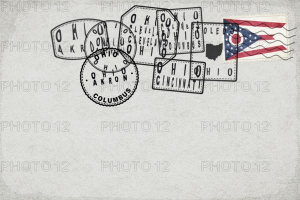 Ohio Vintage Postcard with Flag Stamp and City Postmarks