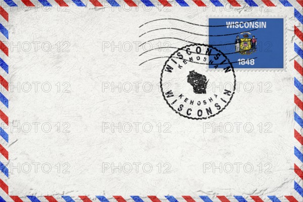 Wisconsin Kenosha Vintage Air Mail Envelope with Flag and Postmark