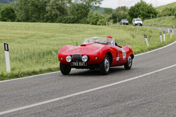 A sporty red classic car drives on an idyllic country road in a green landscape, classic car, car