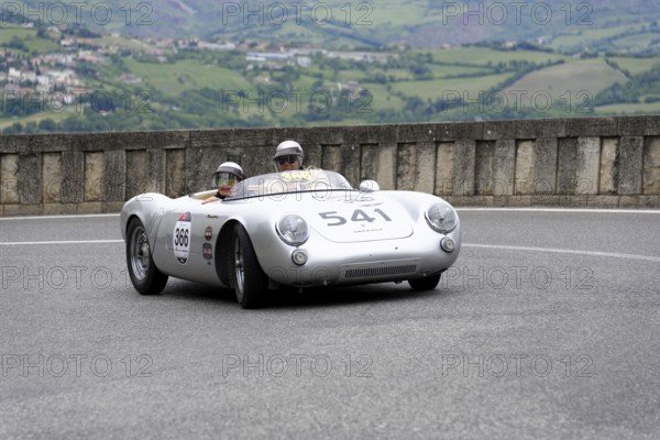 No. 366, Porsche 550 Spyder RS, built in 1955, silver classic racing car with two drivers on a