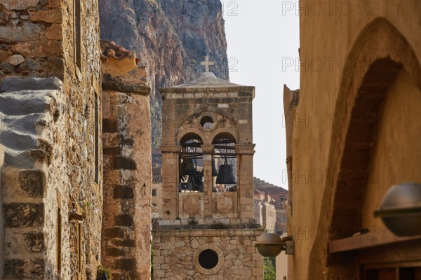 Holy Church of Christ in Chains, Elkomenos Christos, Historic Bell Tower with Crosses, Surrounded