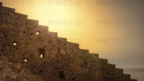 Abstract scene with stone stairs and warm sunset light, Monemvassia, Malvasy, Byzantine small town,
