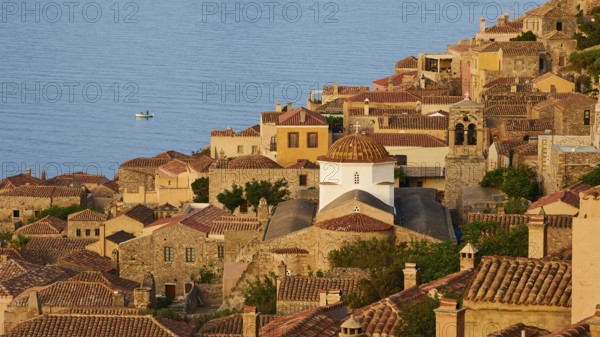 Soft morning light, Holy Church of the Virgin Mary Myrtidiotissa (or Critikias), church tower and