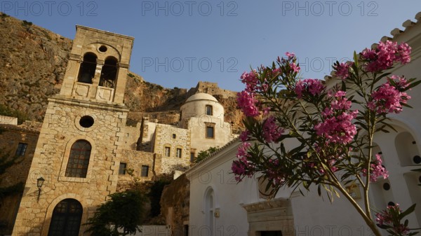 Soft morning light, Holy Church of Christ in Chains, Elkomenos Christos, Blooming oleanders in