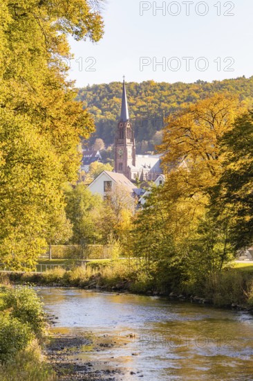 River landscape with a view of a church and autumn trees in a small village, Nagold, Black Forest,
