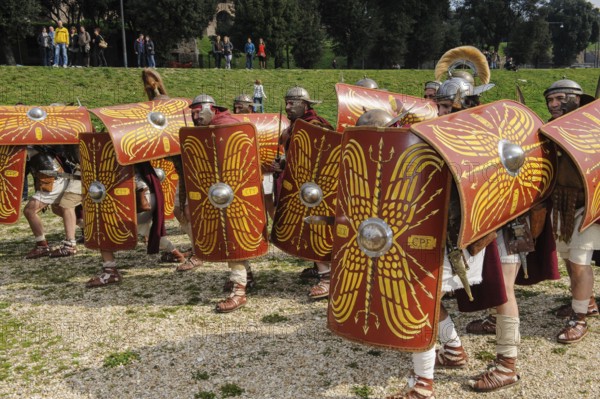 Traditional group Roman soldiers and centurion centurion in tradition of historic ancient Roman