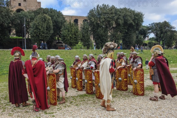 Traditional group Roman soldiers and centurion centurion in tradition of historic ancient Roman