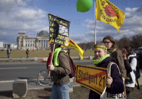 Germany Berlin Anti-nuclear power demonstration in Berlin Mitte. Demonstrators pass through the