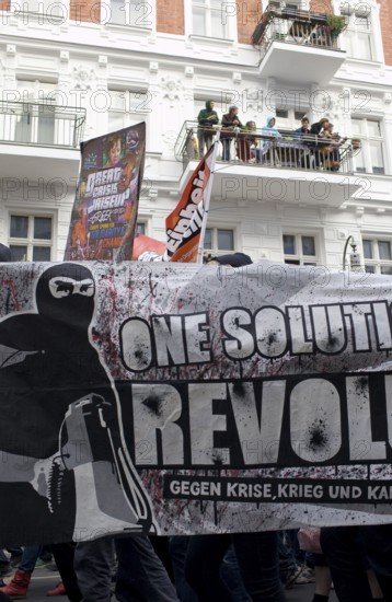 GERMANY A woman with a sign of protest at the May 1 rally in Kreuzberg. Germany Berlin A woman
