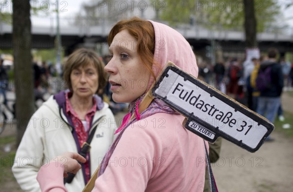 GERMANY A woman with a sign of protest at the May 1 rally in Kreuzberg. Germany Berlin A woman