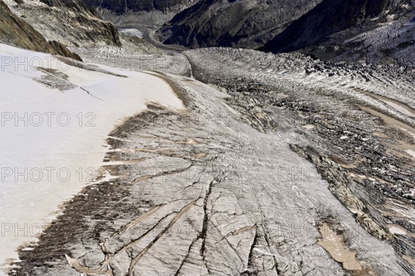 View from the Télécabine Panorama Railway of the glacial crevices of the Glacier du Géant,
