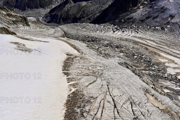 View from the Télécabine Panorama Railway of the glacial crevices of the Glacier du Géant,