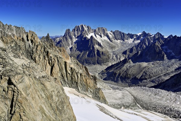View from the Télécabine Panorama Mont-Blanc of the mountains Aiguille Vert, Les Droites, Les