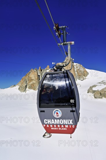 Télécabine Panoramic Mont-Blanc, opened in 1957, floats 5 km above glaciers between Aiguille du