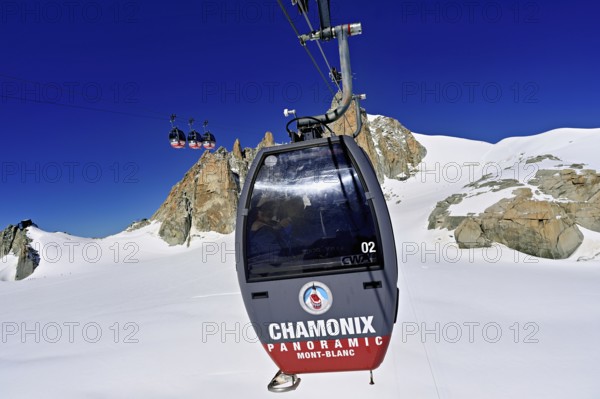 Télécabine Panoramic Mont-Blanc, opened in 1957, floats 5 km above glaciers between Aiguille du