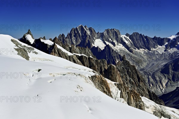 View of the Aiguille Vert mountains, Les Droites, Les Courtes, Aiguille du Midi mountain station,