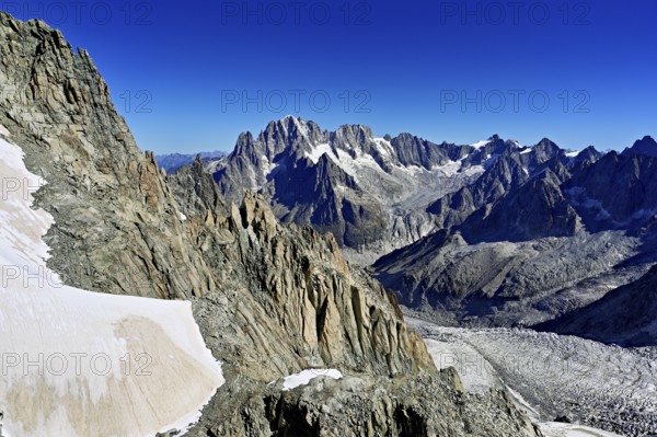 View from the Télécabine Panorama Mont-Blanc of the mountains Aiguille Vert, Les Droites, Les