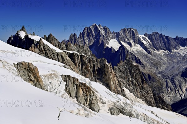 View of the Aiguille Vert mountains, Les Droites, Les Courtes, Aiguille du Midi mountain station,