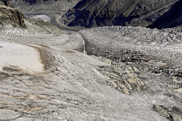 View from the Télécabine Panorama Railway of the glacial crevices of the Glacier du Géant,