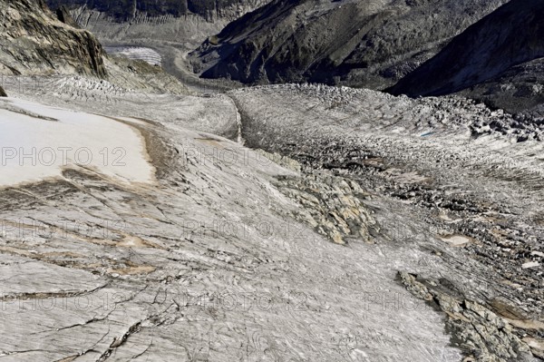 View from the Télécabine Panorama Railway of the glacial crevices of the Glacier du Géant,