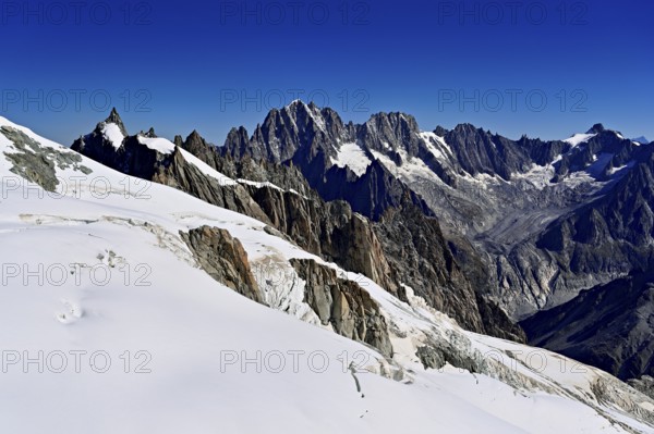 View of the Aiguille Vert mountains, Les Droites, Les Courtes, Aiguille du Midi mountain station,