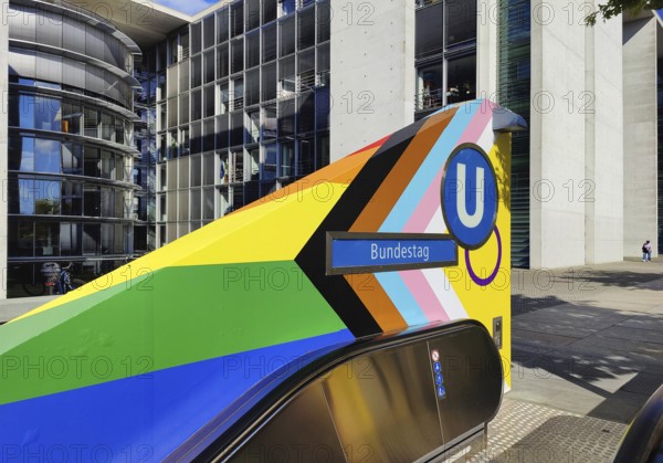 Entrance to Bundestag subway station, Paul Löbe House in the background, government district,