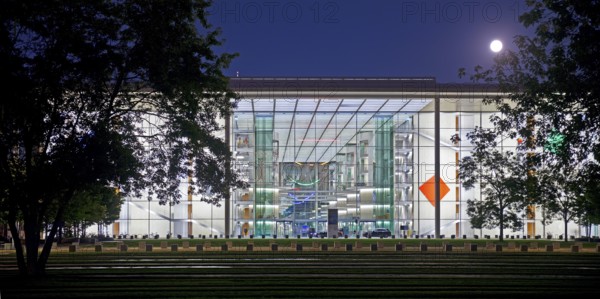 Paul Löbe House with full moon in the evening, west side, government district, Berlin-Mitte,