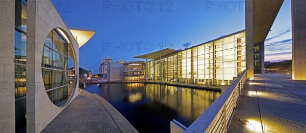 Marie-Elisabeth-Lüders-Haus and Paul-Löbe-Haus with the river Spree in the evening, government