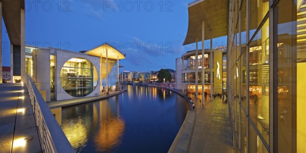 Marie-Elisabeth-Lüders-Haus and Paul-Löbe-Haus with the river Spree in the evening, government