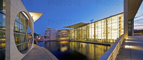 Marie-Elisabeth-Lüders-Haus and Paul-Löbe-Haus with the river Spree in the evening, government