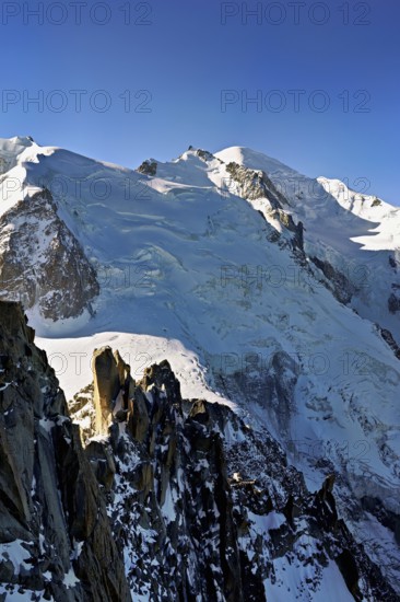 Mont Blanc du Tacul covered with snow from the left, Mont Maudit, Mont-Blanc, Aiguille du Midi