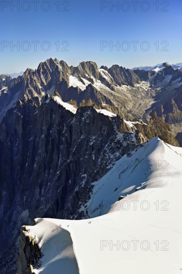 View from the Aiguille du Midi mountain station observation deck of the mountains Aiguille Vert,