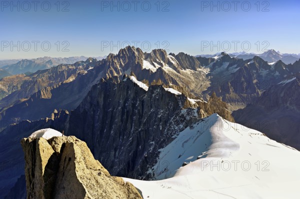 View from the Aiguille du Midi mountain station observation deck of the mountains Aiguille Vert,