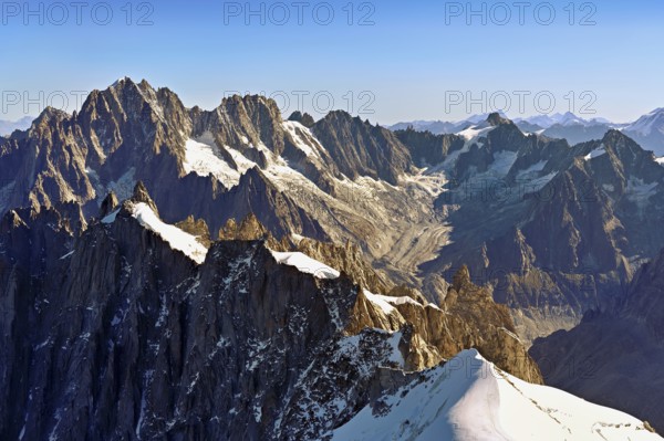 View from the Aiguille du Midi mountain station observation deck of the mountains Aiguille Vert,