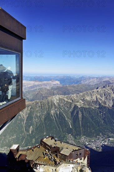 Aiguille du Midi mountain station viewing platform, with view of Chamonix-Mont-Blanc, Haute-Savoie,