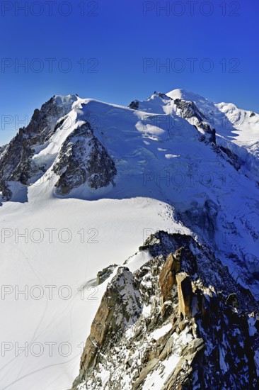 Mont Blanc du Tacul covered with snow from left, Mont Maudit, Mont-Blanc, viewing platform,