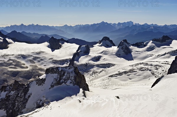 View of the snow-capped mountains from the Aiguille du Midi mountain station observation deck,
