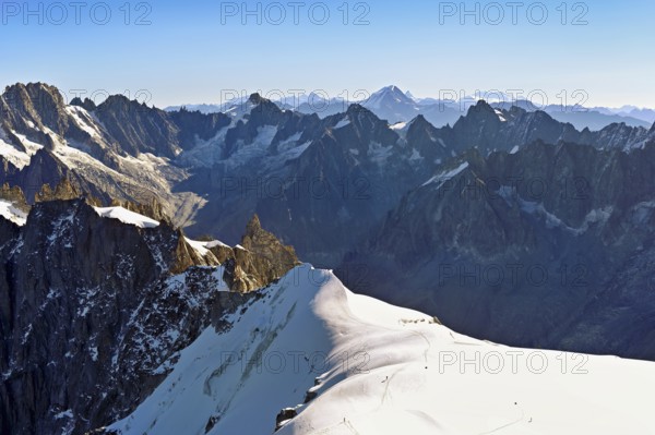 View from the Aiguille du Midi mountain station observation deck of the mountains Les Droites, Les
