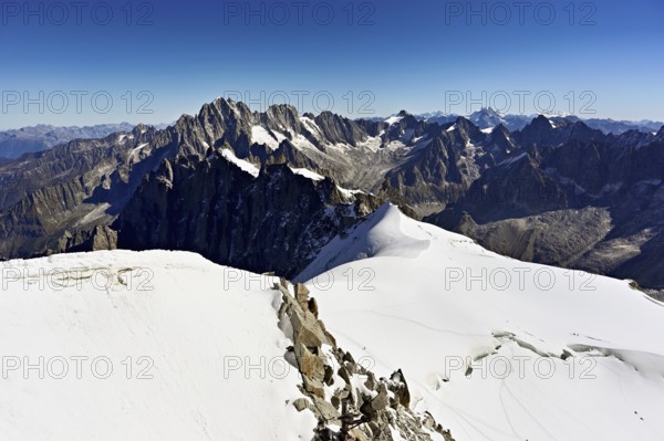 View from the Aiguille du Midi mountain station observation deck of the mountains Aiguille Vert,