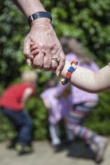 DEU Germany Germany Pattensen Old hand holding young hand in a multi-generation house in Pattensen