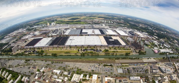 Volkswagen plant Wolfsburg with Autostadt and The Ritz Carlton Hotel, fish-eye-lens, Lower Saxony,